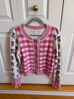 LoveShackFancy Pink and Cream Checkered Cardigan with Strawberry Embroidery